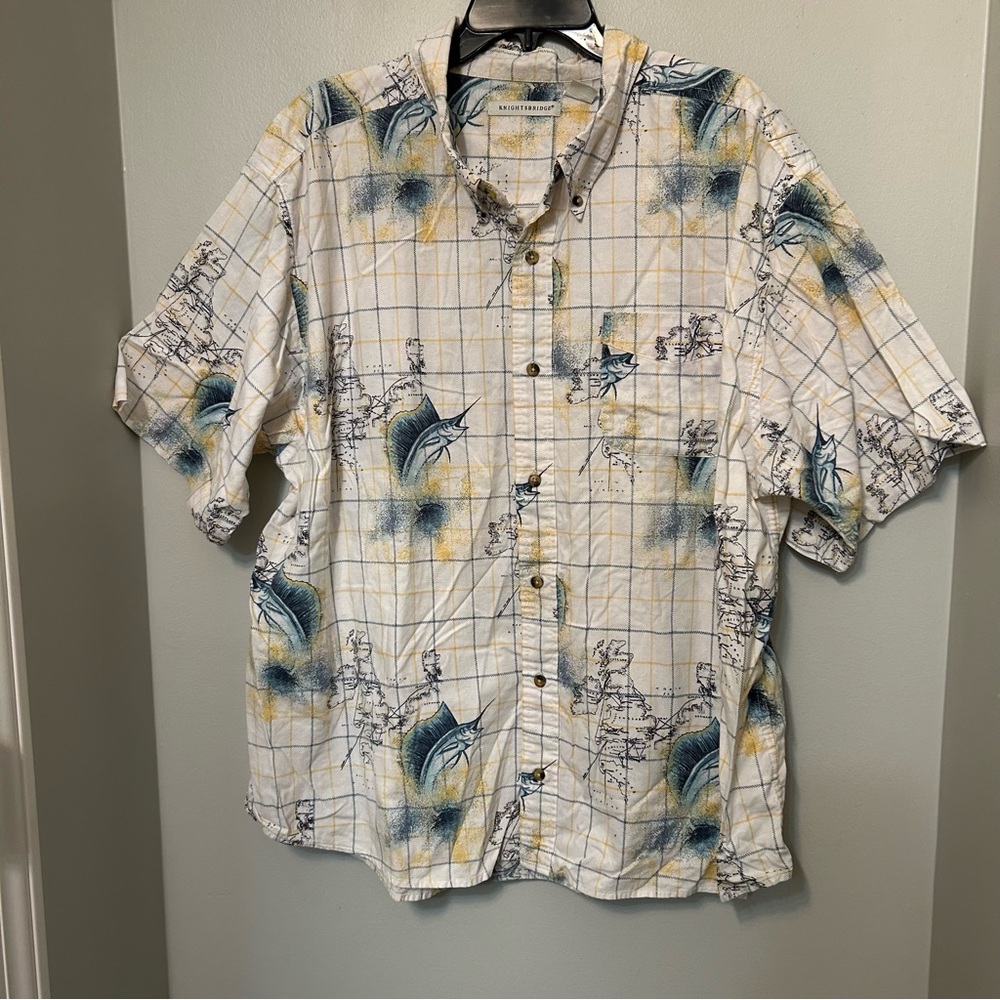 KNIGHTSBRIDGE Ocean Fishing Map Button Down Shirt 2X 100% Cotton Sailfish